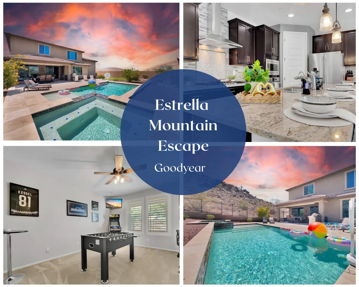 The image showcases a beautiful backyard with a sparkling swimming pool, inviting outdoor seating area, and sweeping mountain views at sunset. A kitchen island is visible, suggesting seamless indoor-outdoor entertaining. The setting is perfect for relaxing by the pool, gathering with friends and family, and enjoying the natural beauty of the Arizona landscape.
